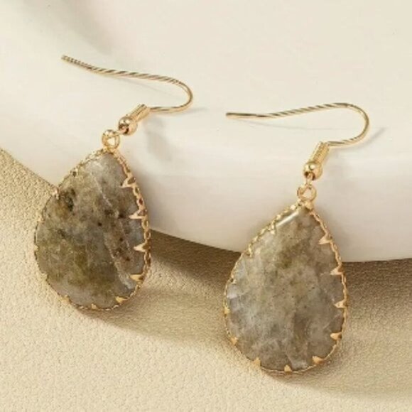 14k Gold Plated Natural Stone Teardrop Earrings - Picture 1 of 4